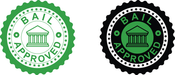 Bail Approved Stamp Icons: Green Legal Approval Seal with Courthouse Graphic for Legal Services Marketing, Insurance, and Compliance