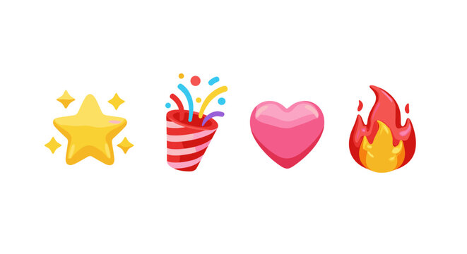 A vibrant collection of four popular emojis, including a shining yellow star, a festive red and white striped party popper exploding with colorful confetti, a glossy pink heart, and a dynamic red and