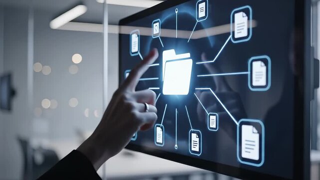 Hand points at digital document management interface with glowing folder connected to file network. Business technology visualization features organizational hierarchy, data structure and electronic