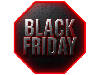Black friday sale octagon sign with metallic text and red glowing border isolated on transparent background