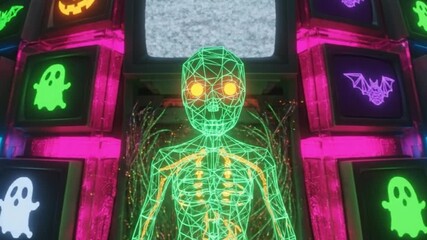 Wireframe Skeleton Hologram Surrounded by Neon Halloween Icons on Retro CRT Monitors - Powered by Adobe