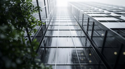Fototapeta premium Low-angle view of a modern skyscraper with glass facade, foliage, and rainy weather
