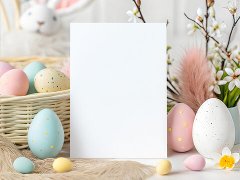 Easter Card Mockup with Colorful Eggs and Spring Flowers