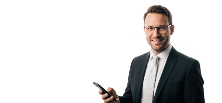A smiling man in a suit and tie holding a smartphone, against transparent background - Powered by Adobe