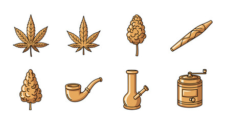 Golden cannabis leaf, marijuana bud, joint, pipe, bong, and grinder icons set on a black background, representing the various tools and forms associated with cannabis consumption and cultivation