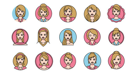 Collection of diverse female avatars with various hairstyles and clothing styles, presented in a clean, modern, flat design with pink and blue circular backgrounds, ideal for user profiles, social