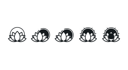 A set of five minimalist lotus flower icons, presented in a horizontal line against a black background, showcasing variations in petal detail and inner shading, symbolizing purity, enlightenment, and