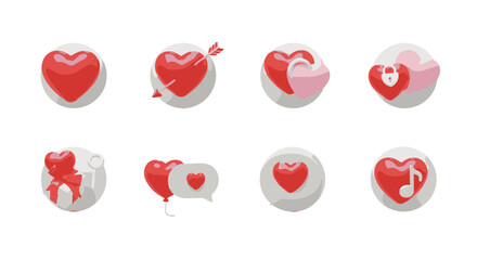 Collection of eight 3D rendered heart icons and symbols, perfect for Valentine's Day, love, romance, and relationship themes, featuring elements like arrows, locks, gifts, keys, speech bubbles, and