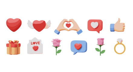 Collection of 3D Valentine's Day icons and symbols, including hearts with wings, hand heart gesture, love letter, gift box, pink roses, speech bubbles with hearts, thumbs up, and a diamond ring, set
