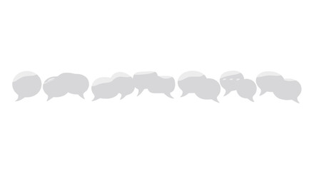 A row of white 3D speech bubbles, varying in shape and size, arranged horizontally against a stark black background, symbolizing communication, conversation, and dialogue in a modern, minimalist