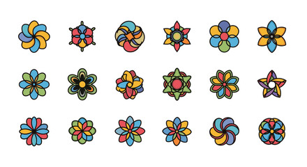 Collection of 18 colorful, abstract, geometric floral and star-shaped icons and symbols on a black background, representing nature, diversity, and creativity with a modern, stylized aesthetic
