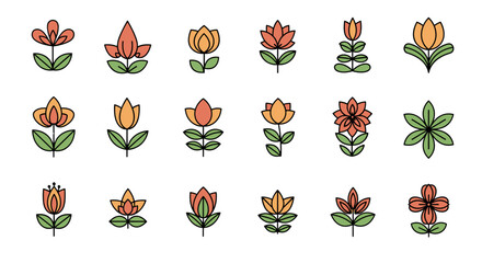Collection of stylized, minimalist floral icons in warm orange and yellow hues with green leaves, presented on a black background, evoking a sense of natural beauty and simple elegance, perfect for