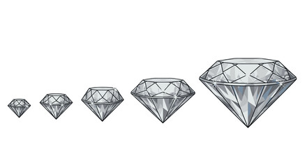 A progression of sparkling, faceted diamonds, ranging from small to large, presented against a stark black background, symbolizing growth, value, and preciousness in a clean, graphic style.