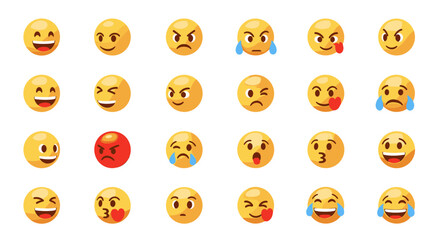 A vibrant collection of diverse emoji faces expressing a wide spectrum of emotions, including happiness, anger, sadness, love, and surprise, presented against a stark black background for maximum