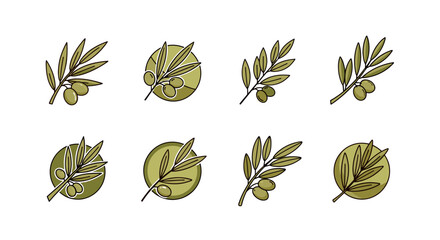 Collection of eight stylized olive branch icons and emblems, featuring green olives and leaves, presented on a black background, perfect for food, health, and Mediterranean-themed designs.