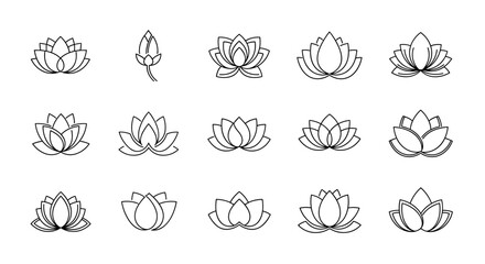 Collection of 15 stylized lotus flower icons in white outline on a black background, representing purity, enlightenment, and rebirth, perfect for yoga, meditation, and spa branding, with variations