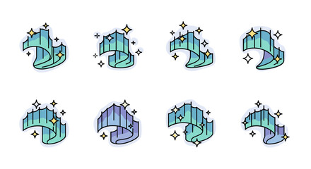 Set of eight stylized illustrations depicting the Aurora Borealis, featuring vibrant green, blue, and purple hues with sparkling yellow stars, presented on a black background, perfect for celestial