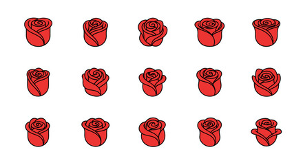 A collection of fifteen stylized red rose icons, each depicted with clean black outlines against a solid black background, showcasing subtle variations in petal arrangement and bud shape, perfect for