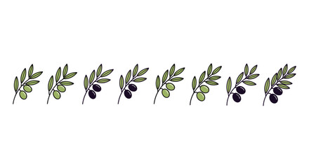 A repeating pattern of stylized olive branches, alternating between green and purple olives, set against a stark black background, creating a minimalist and elegant decorative border or design