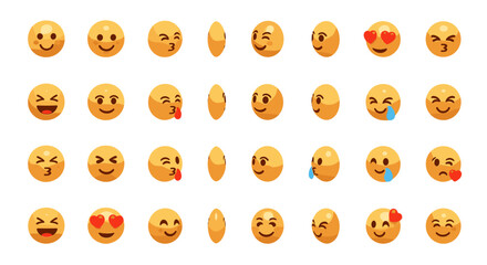 Collection of 3D rendered yellow emoji faces showcasing a variety of emotions and expressions, including smiling, laughing, crying, winking, and blowing kisses, presented in a grid format against a