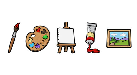 A vibrant and colorful collection of art supplies, including a paintbrush with red paint, a wooden artist's palette with various paint blobs, a white canvas on an easel, a tube of red and yellow