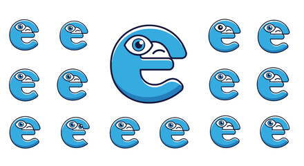 A whimsical and abstract blue character, resembling the letter 'e' with a distinct face, is repeated in a grid pattern against a stark black background, creating a visually engaging and modern