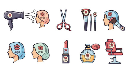 Collection of beauty salon and cosmetic icons, including a hairdryer styling hair, scissors, makeup brushes, lipstick, perfume bottle, barber chair, and stylized female profiles, perfect for branding