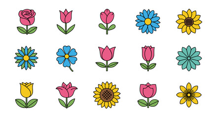 Collection of stylized, colorful, flat design flowers including roses, tulips, sunflowers, and daisies, set against a black background, perfect for spring, summer, and floral-themed graphic resources.