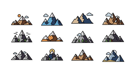 A collection of twelve stylized, flat design mountain range illustrations, each unique in color palette and composition, featuring elements like sun, clouds, trees, and snow-capped peaks, perfect for