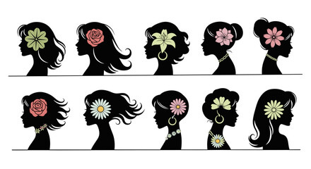 Collection of ten diverse female profile silhouettes adorned with various floral elements and jewelry, presented against a stark black background, symbolizing beauty, nature, and individuality in a