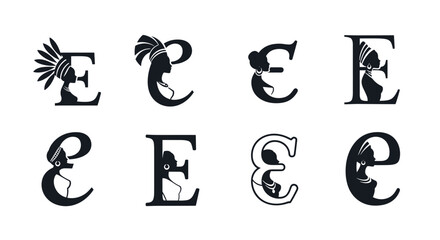 Set of eight unique black letter E designs, each featuring a silhouette of a woman's profile with distinct headdresses and jewelry, symbolizing diversity and cultural heritage, perfect for graphic