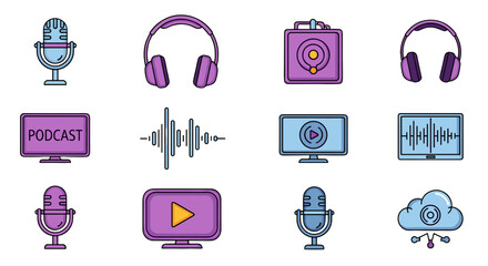 Collection of modern flat icons representing podcasting and audio recording equipment, including microphones, headphones, sound waves, and playback devices, perfect for digital media and broadcasting