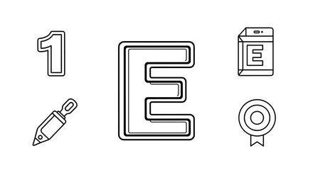 A collection of stylized icons on a black background, featuring the number 1, a large letter E, a tattoo machine, an energy efficiency label, and a medal, all rendered in a white outline style