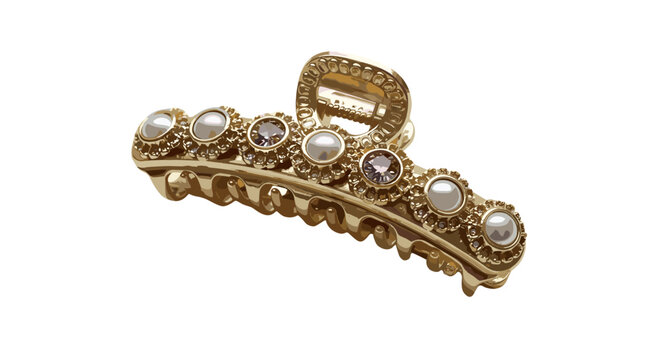 Elegant gold hair claw clip adorned with lustrous pearls and sparkling rhinestones, a luxurious accessory for sophisticated hairstyles, perfect for formal events or everyday glamour, showcasing