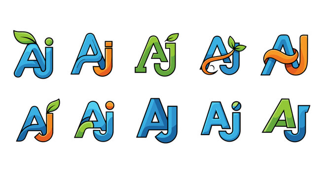Collection of ten unique and vibrant 'AJ' letter logo designs, featuring diverse color palettes and organic elements like leaves and swirls, suitable for branding and graphic design projects.