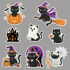 Halloween sticker set featuring a black cat. Vector illustration.