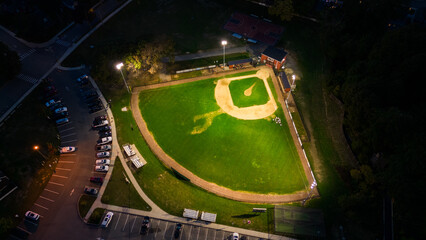 aerial view of baseball field at night 