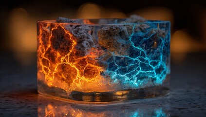 Abstract glass container with glowing blue and orange energy inside it shown off