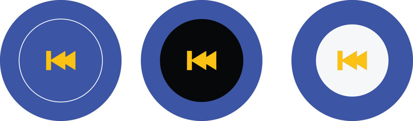 Rewind Icon Set in Blue, Black and White Circles | Multimedia Player Control for Apps, UI Design