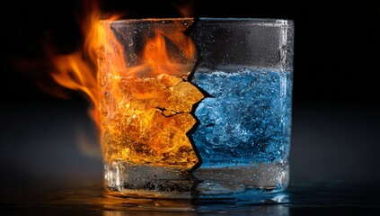 Glass split between fire and ice representing duality and opposing elements