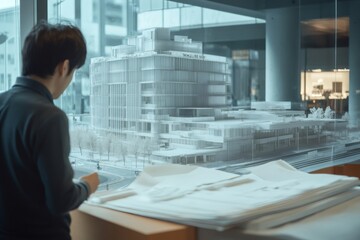 Manager planning a major building upgrade, studying a detailed architectural model for urban development and property investment