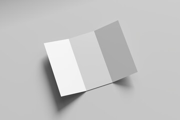 A4. Blank trifold paper brochure mock-up on soft gray background with soft shadows and highlights. 3D illustrating.