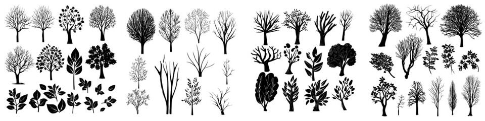 A hand-drawn flat design element featuring trees and leaves, comprising a botanical set of bare trees and leafy ones in a limited pastel color palette with lush details