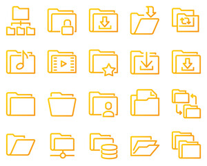 A simple set of vector line icons related to folders. Contains icons such as repository, sync, network folder and more	