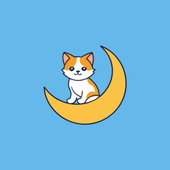 Adorable cartoon cat sitting on a crescent moon against a blue sky