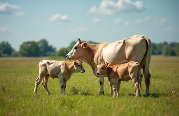 Blonde Aquitaine cows and two calves graze in a sunny green meadow. Rural landscape with cattle breeding under a blue sky with clouds. Farm animals in nature.