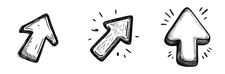 A charming, hand-drawn flat arrow is depicted pointing upwards, characterized by its bold and funky style, suitable as a doodle business arrow mark icon for various designs, including web and banner