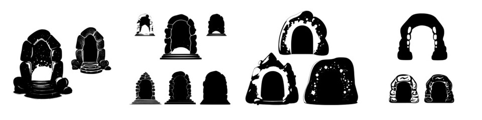 Modern cartoon illustration of fantasy gates with color light glowing inside, game teleport to fairytale dimension, archway tunnel glowing in darkness, magic stone portals set isolated on background