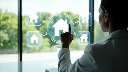 Real estate property selection interface with digital home icons. Woman touches virtual screen to choose residential options. Smart technology platform for housing market search, investment portfolio