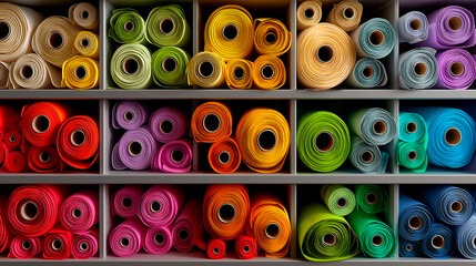 Fototapeta premium Colorful rolls of fabric neatly arranged on shelves in store display, showcasing variety of textures and vibrant tones